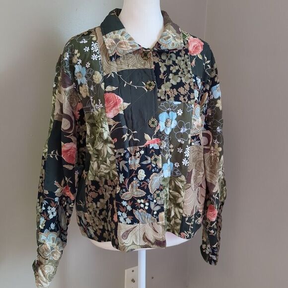 Vintage 90s Casual Studio Quilted Jacket Patchwork Floral Foliage Rose Medium - Picture 3 of 13